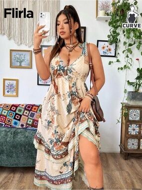SHEIN Cream Floral Boho Maxi Dress with Teal & Rust Accents